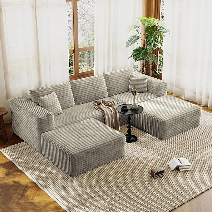 Fancyfire 108" Cloud Modular Sectional Couch with 2 Ottoman,Ultimate Comfort U-Shaped Deep Seat Sofa,Boneless Couch Upholstered 3-Seater Sofas for Living Room, No Assembly Required(Khaki)