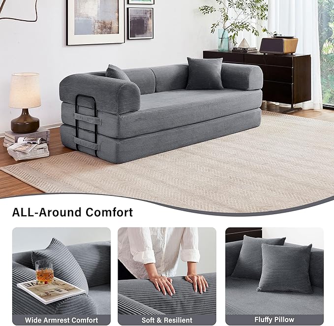 79" 5-in-1 Folding Convertible Sofa Bed, Oversized Corduroy Futon Floor Couch with Pull-Out Sleeper, Modular Boneless Loveseat for Small Spaces, Living Room, Bedroom (Dark Gray)