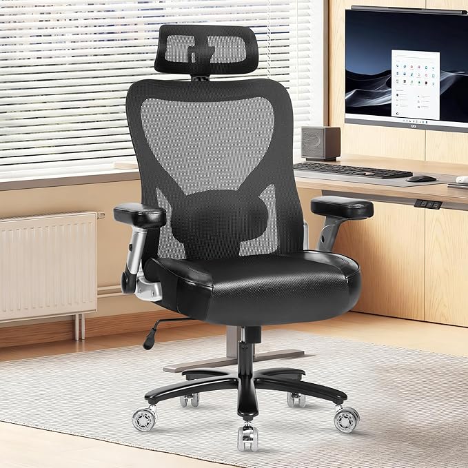 Super Big and Tall Office Chair 700lbs- Heavy Duty Executive Computer Chair with Rubber Wheels 3D Flip Arms, Ergonomic Mesh High Back Desk Chair, Extra Wide Seat Adjustable Lumbar Support&Headrest