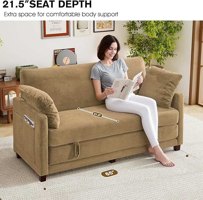 kakuboohi 65" Loveseat Sleeper Sofa Bed, Corduroy Convertible Sofa Bed for Small Spaces, Folding Couch Bed with Deep Seat, 2 Pillows & Solid Frame, Pull Out Floor Couches for Living Room, Brown