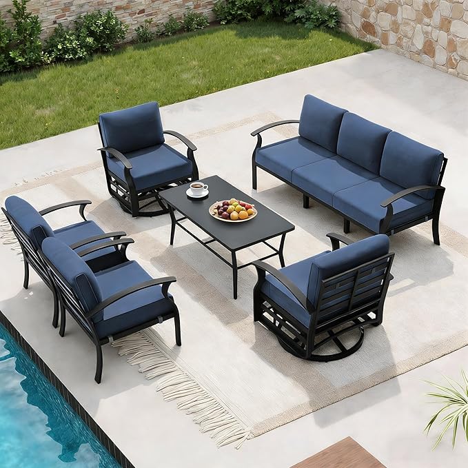 RTDTD Aluminum Outdoor Patio Furniture Set,7 Seats Patio Conversation Sets with Rectangular Coffee Table,Metal Patio Sectional Furniture Set with 2 Swivel Rocking Chairs,Navy Blue