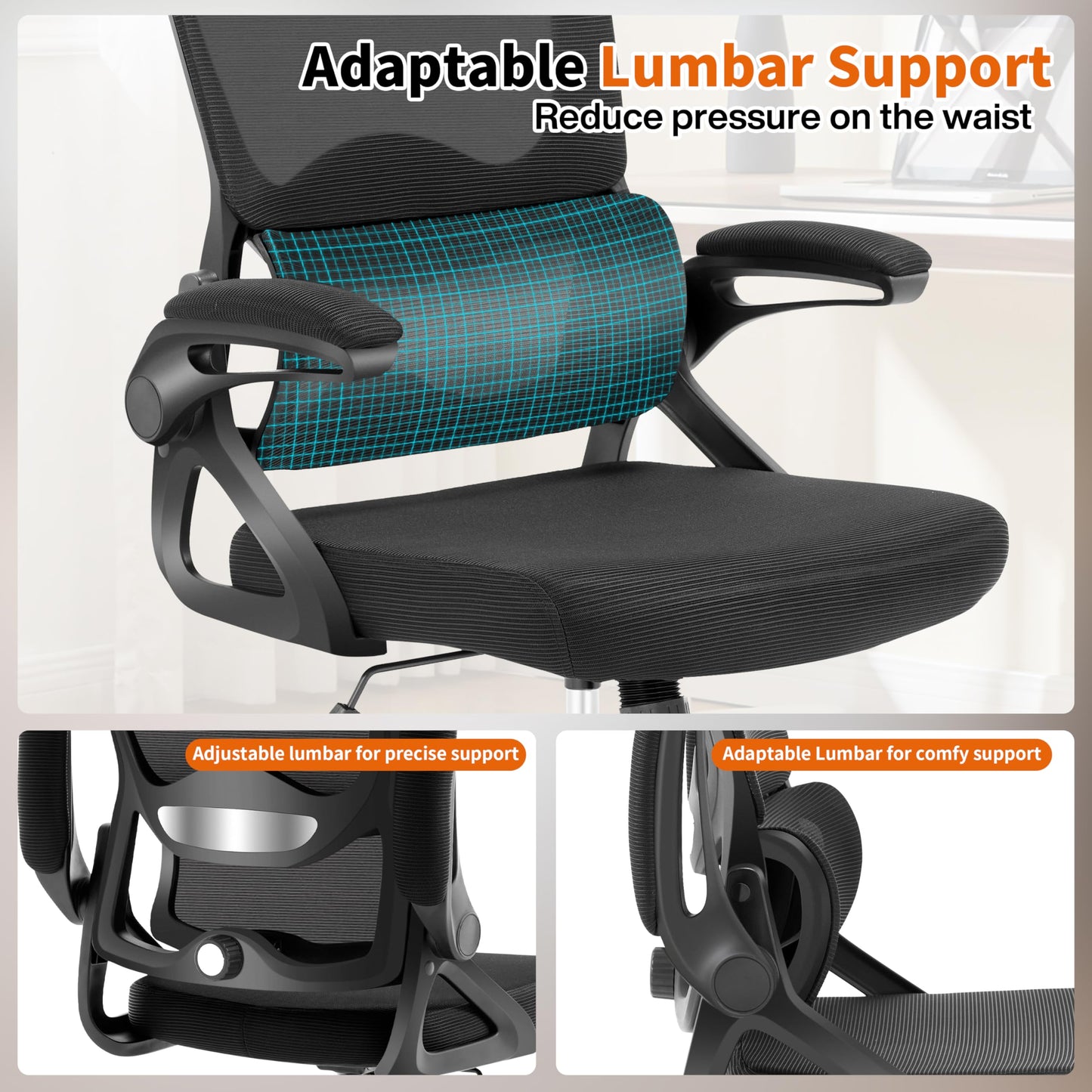 Nexthro Ergonomic Office Chair,Mesh Office Chair with Lumbar Support,Mid Back Desk Chair with Flip-up Arms,400 lbs Comfy Computer Chair for Home Office