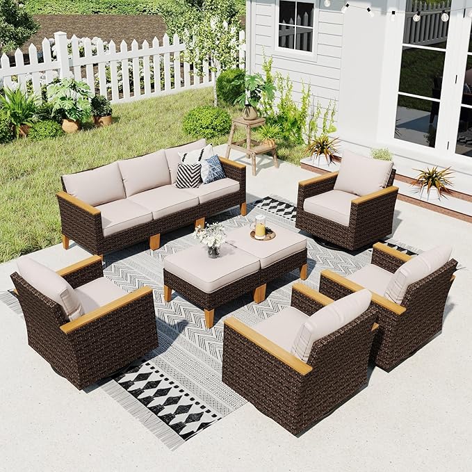 Sophia & William Patio Furniture Set with Swivel Chairs, 9 Piece Outdoor Sectional Furniture Wicker Modular Sofa Couch, Conversation Set for Deck Backyard Lawn, Beige