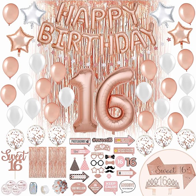 PartyHooman Sweet 16 Birthday Decorations Rose Gold With Sweet 16 Sash and Tiara Set, 2Pcs Backdrop, 25Pcs Pre-assembled P...