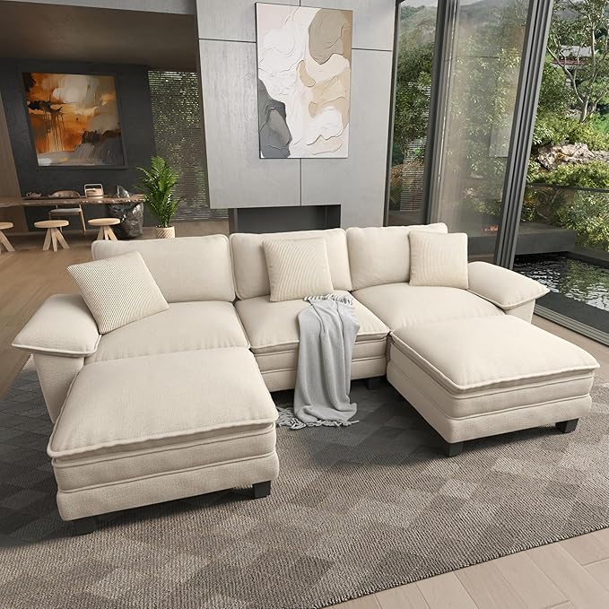 HERA'S HOUSE 124" Modular Sectional Sofa, Oversized U Shaped Couches for Living Room, Comfy Cloud Couch with Ottoman, 5-Seater Deep Seat Sofa with Throw Pillow, Chenille Beige