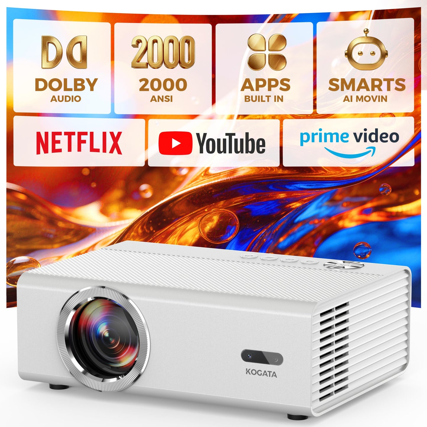 Smart Projector with WiFi and Bluetooth, Proyector-4K Support Official Licensed Apps, 2000 ANSI/AI Auto Focus/50W Dolby/HDR10+/Quiet, Kogata Portable Indoor/Outdoor Movie Projector Ceiling