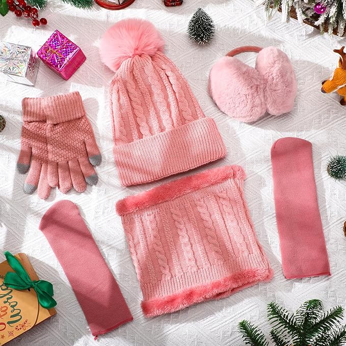 SATINIOR 5 Pcs Winter Hat Scarf Gloves Set Fleece Lined Knit Beanie Hat Warm Touch Screen Gloves Earmuff Warmer for Women(Pink,Beauty Style)
