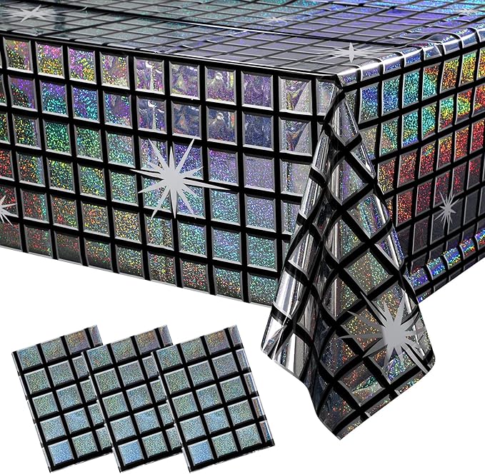 FunnyPars 3 Pack Disco Tablecloth Party Decorations, Shiny Iridescent Disposable Laser Rectangle Table Covers, Silver Plas...