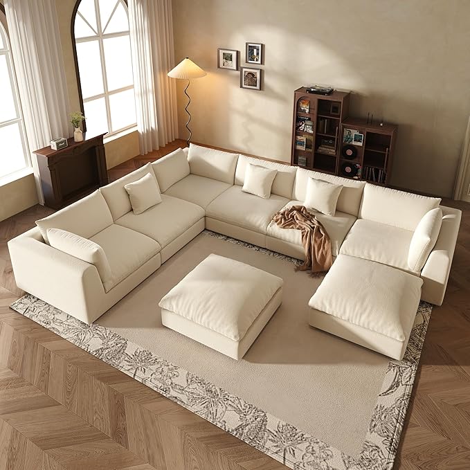 Fajiani Oversized Modular Sectional Sofa,Cloud Couch Deep Seat Sofa Cushion Covers Removable, Oversized Sectional Couches for Living Room (8 Seater-Cream White)