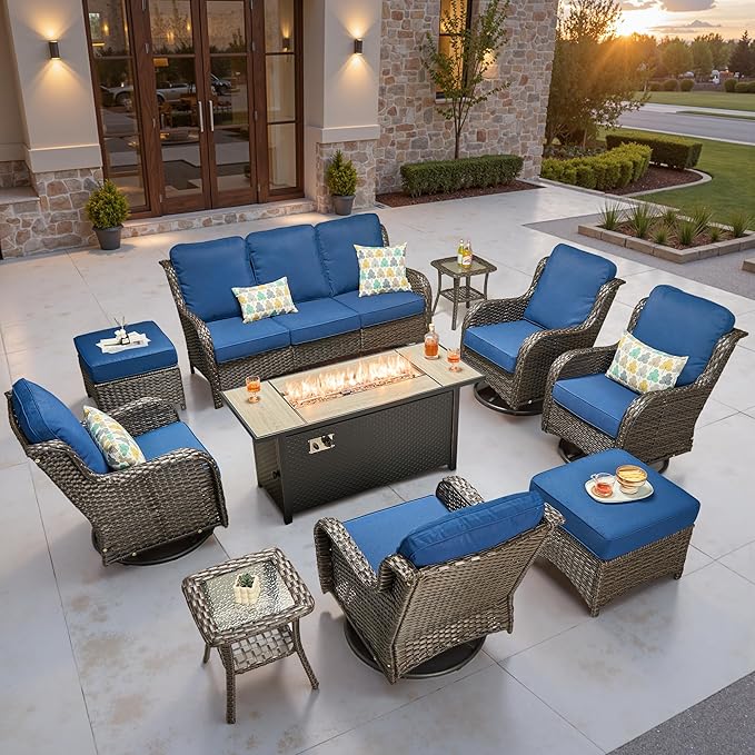 ovios 10 Pieces Patio Furniture Set, Outdoor Wicker Sofa Couch with Swivel Chairs 54" Fire Pit Table, High Back Modern All Weather Conversation Sets, Brown Rattan, Navy Blue