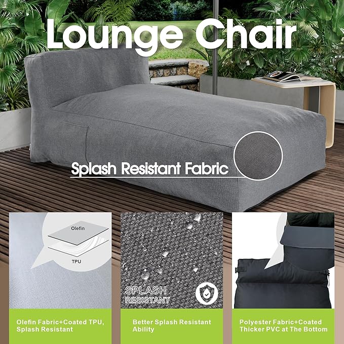 OPEAK Outdoor Bean Bed Chair Sun Lounger, Outdoor Couch Sofa for Patio & Pool, Foam Filling Day Bed Furniture, Comfy Lazy Sofa for Outside, Water-Resistant Seating Lounge Chair, Charcoal Gray