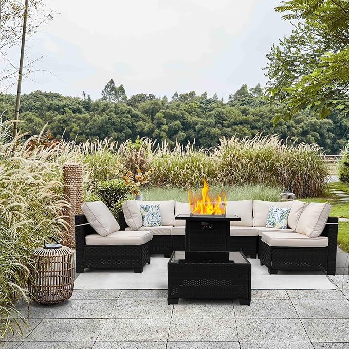 3D MATRIX 8 Pieces Patio Furniture Set with 28" Fire Pit Table, Wicker Outdoor Sectional Couch, Rattan Conversation Set for Backyard, Deck, Garden Lawn, Brown/Beige