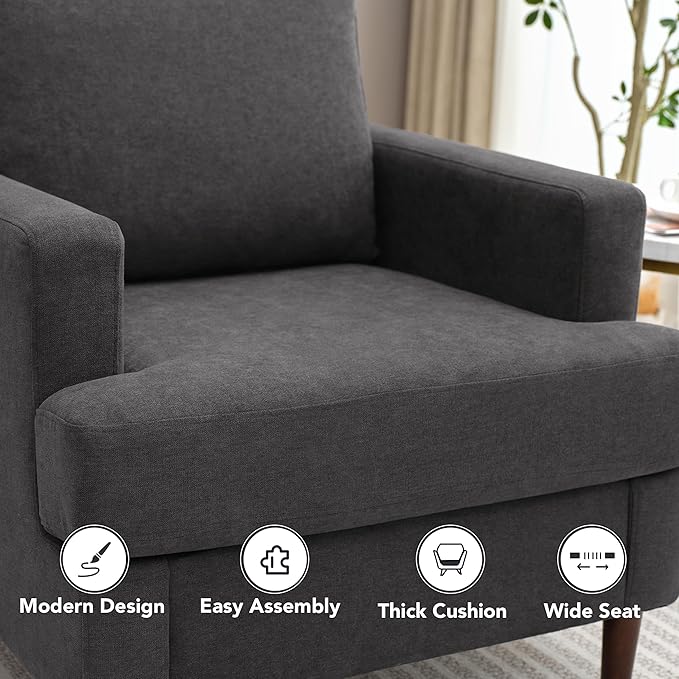 Weture Mid-Century Accent Chair,Modern Linen Fabric Armchair for Living Room,Comfy Upholstered Reading Accent Chairs for Bedroom,Single Sofa Chair with Wood Legs (Dark Grey, 1 Pack)
