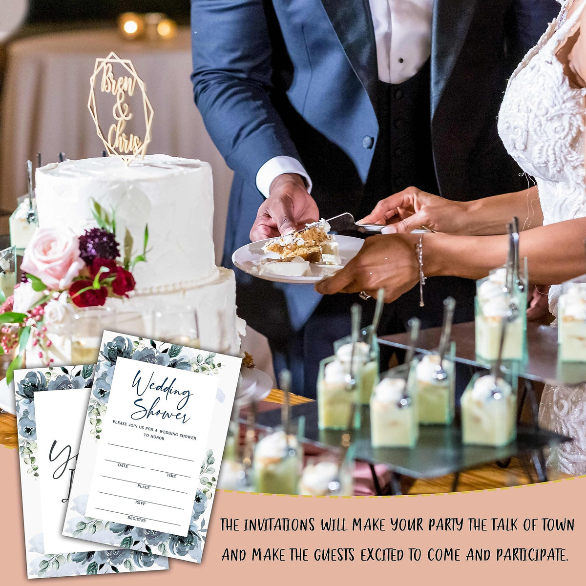 Dusty Blue Floral Wedding Shower Invitations - Elegant Bridal Shower Invites - Watercolor Bridal Brunch Invitation - Dusty Blue Roses Couples Shower, Engagement Party Supplies (25 Set of Invitations