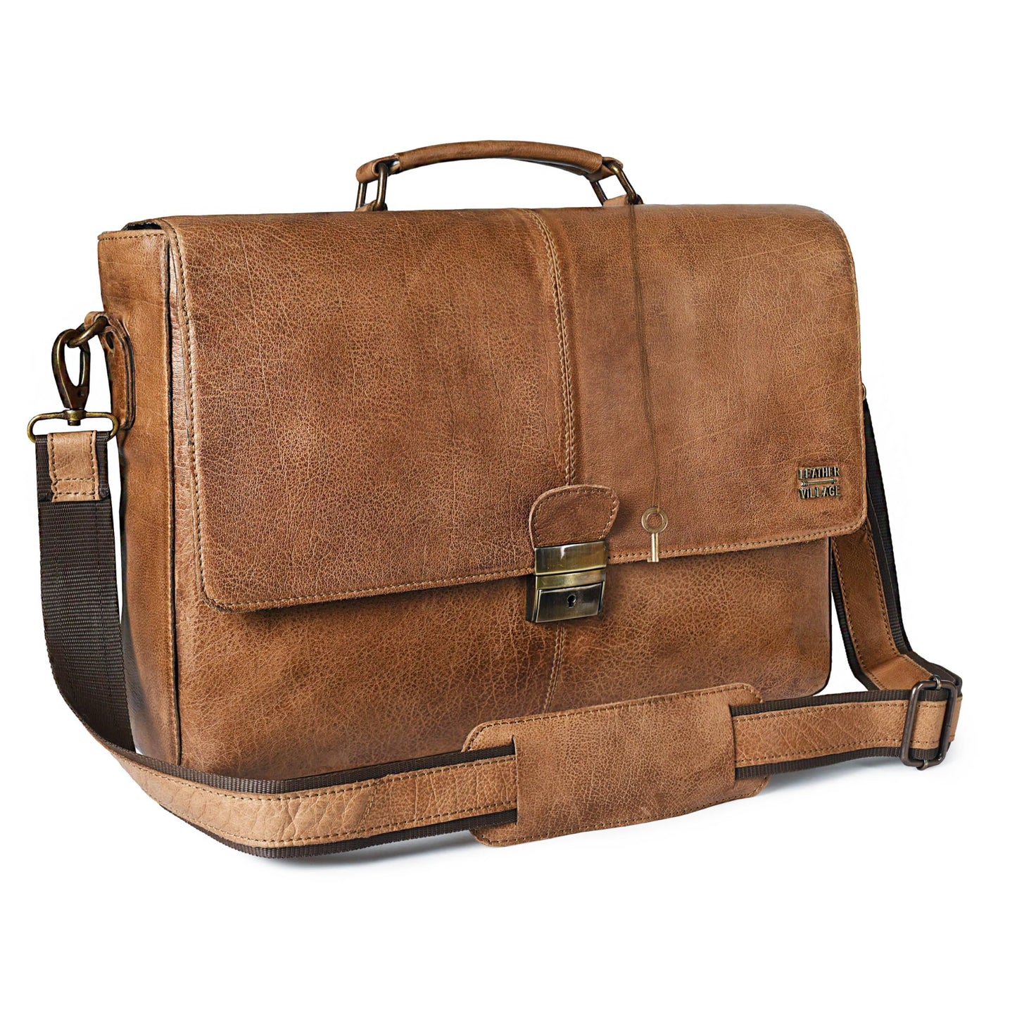 LEATHER VILLAGE Leather Messenger Bag for Men & Women, 16 Inch Handmade Laptop Briefcase Satchel, Crossbody Shoulder Office Bag for Work, Travel & Business - Cognac Brown