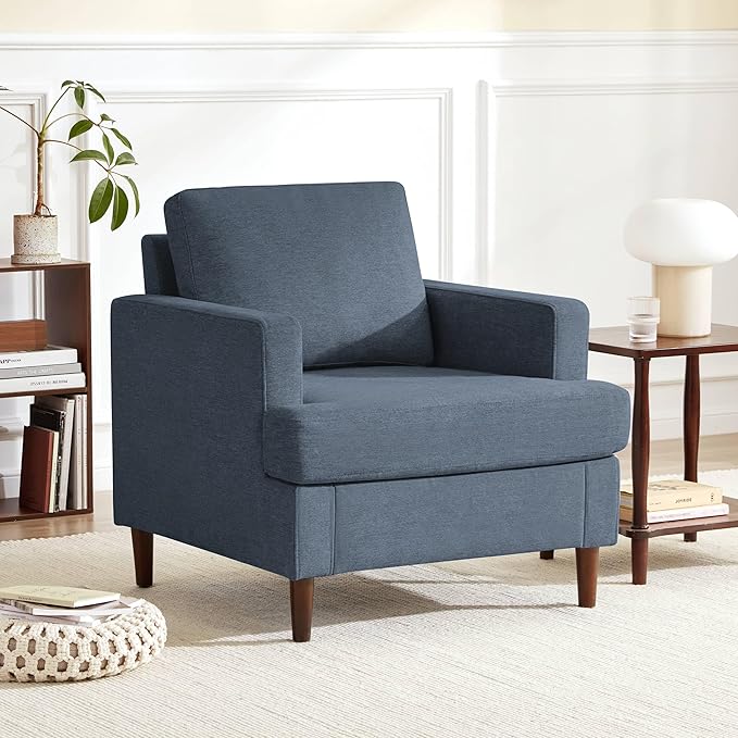 Weture Mid-Century Accent Chair, Comfy Upholstered Reading Accent Chairs for Bedroom, Modern Linen Fabric Armchair for Living Room, Single Sofa Chair with Wood Legs (Blue Grey, 2 Pack)