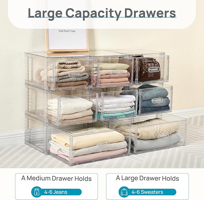 Vtopmart 5-Piece Large & Medium Stackable Drawer Organizer Set, 108QT Clear Storage Cabinet with Easy Assembly, Durable Drawers for Closet, Bedroom, Entryway, Playroom & Apartment Organization
