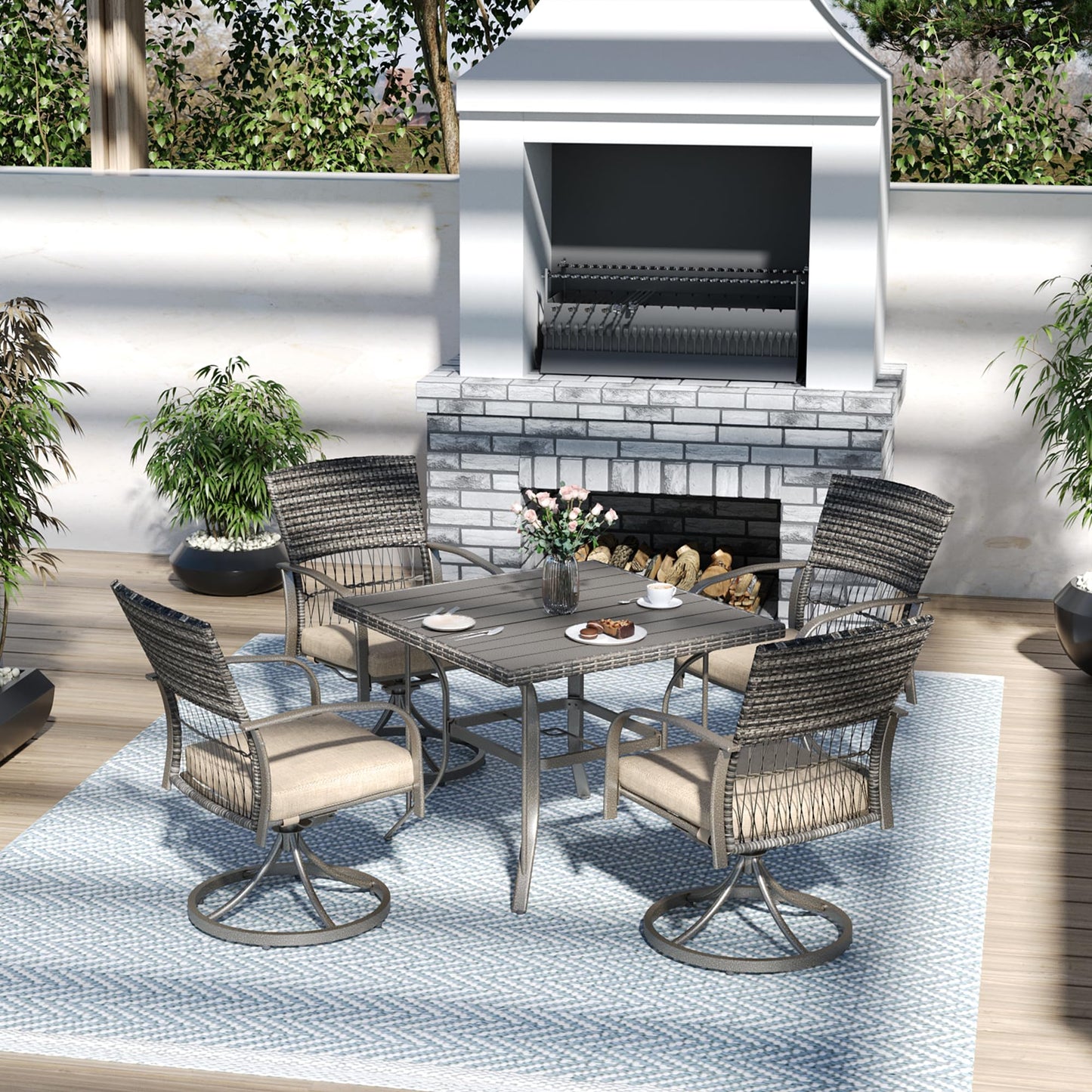 Pamapic 5 Piece Outdoor Furniture Set, Rattan Outdoor Patio Furniture Set for Deck Backyard with Iron Slats Outdoor Dining Table, 4 Swivel Outdoor Dining Chairs and Removable Cushions (Beige)