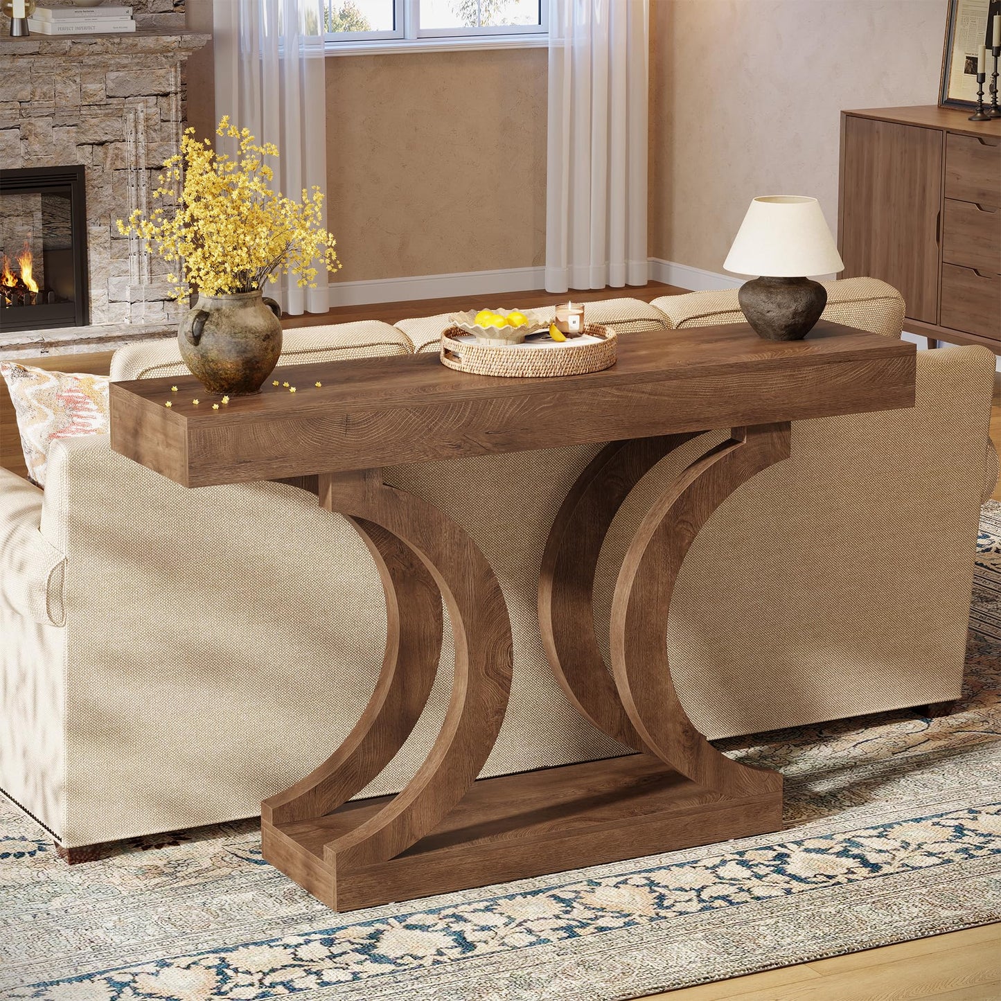 Tribesigns 43.31-Inch Farmhouse Console Table for Entryway, Unique Narrow Sofa Table Behind the Couch with Curved Legs for Living Room, Hallway, Foyer, Entrance, Rustic Brown