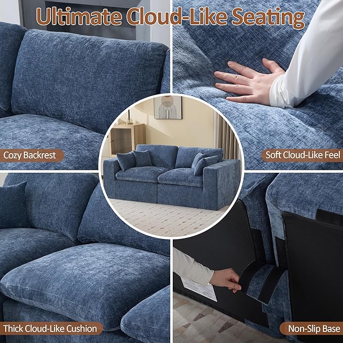 88''Cloud Boneless Sectional Couch, Modular Sectional Sofa Deep Seat, Upholstered Convertible Comfy Loveseat Chenille Memory Foam Sofa Couches for Living Room, Blue