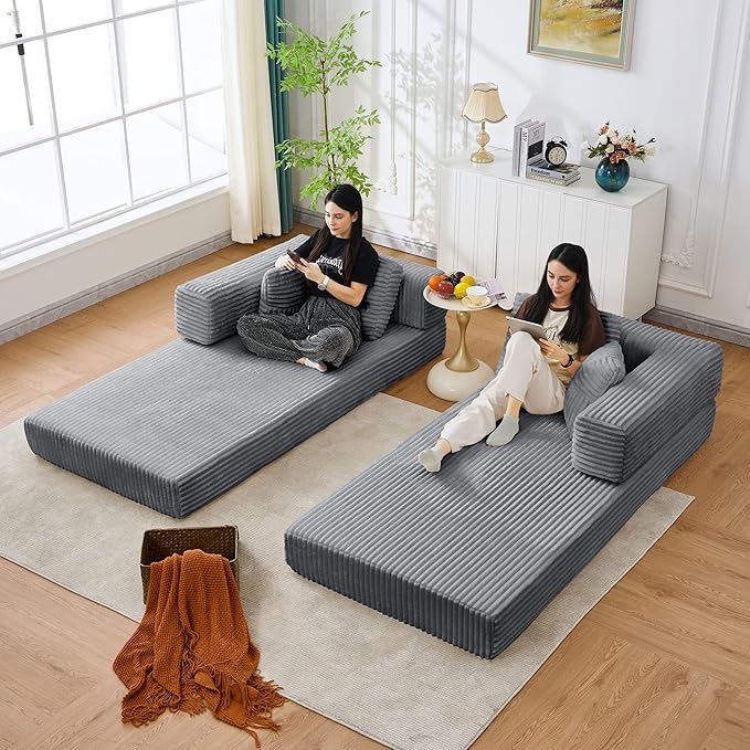 79.5" Folding Convertible Sofa Bed with Side Storage Pockets, 4-in-1 Corduroy Boneless Couch, No Assembly Loveseat Sleeper, Floor Sofa Daybed Futon Couch for Living Room Bedroom Lounge, Grey Upgraded
