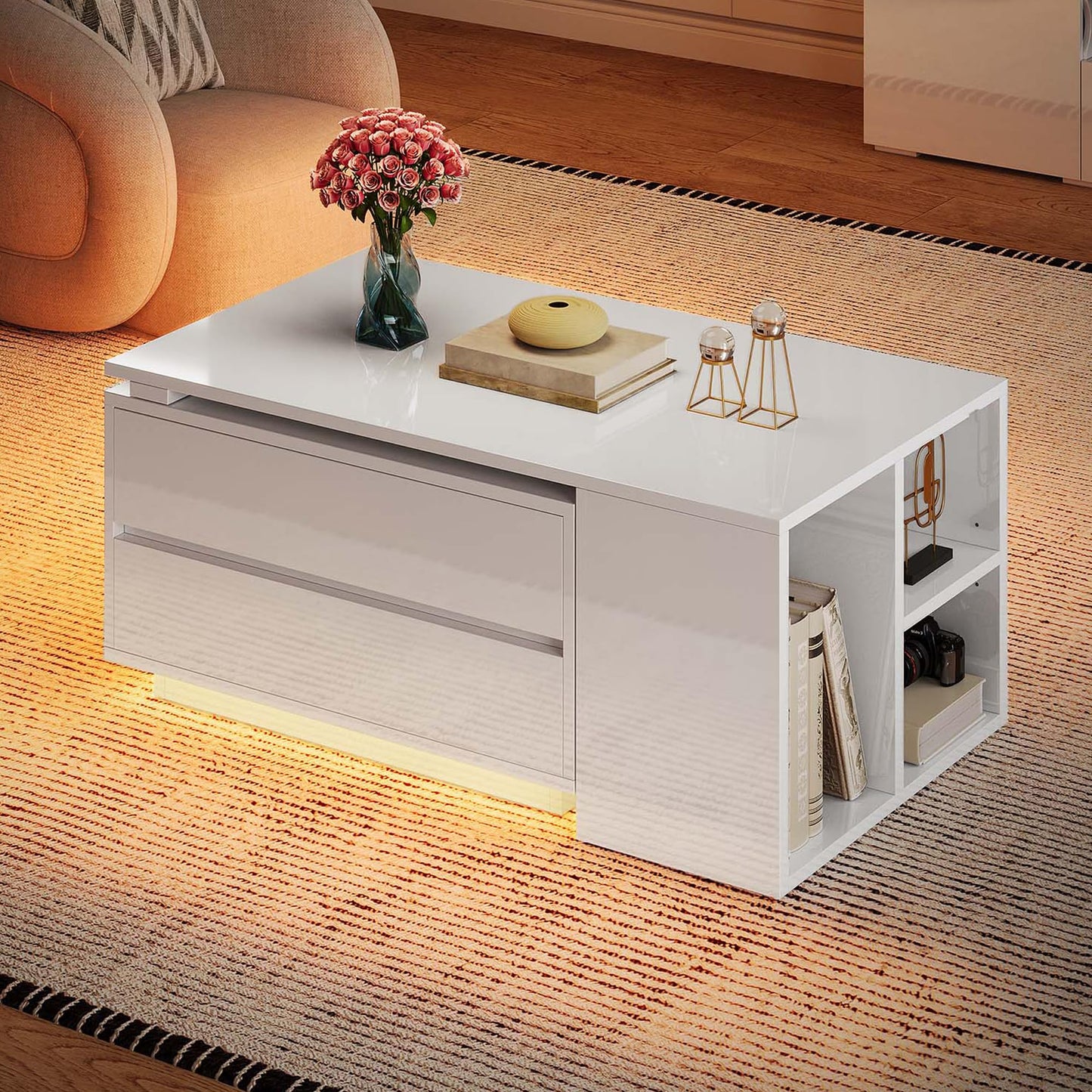 YITAHOME Coffee Table LED Coffee Table with 4 Storage Drawers, Extendable Coffee Tables for Living Room, Modern Wooden Rectangle Cocktail Table with Open Shelves & Sliding Tabletop 35"- 61", White