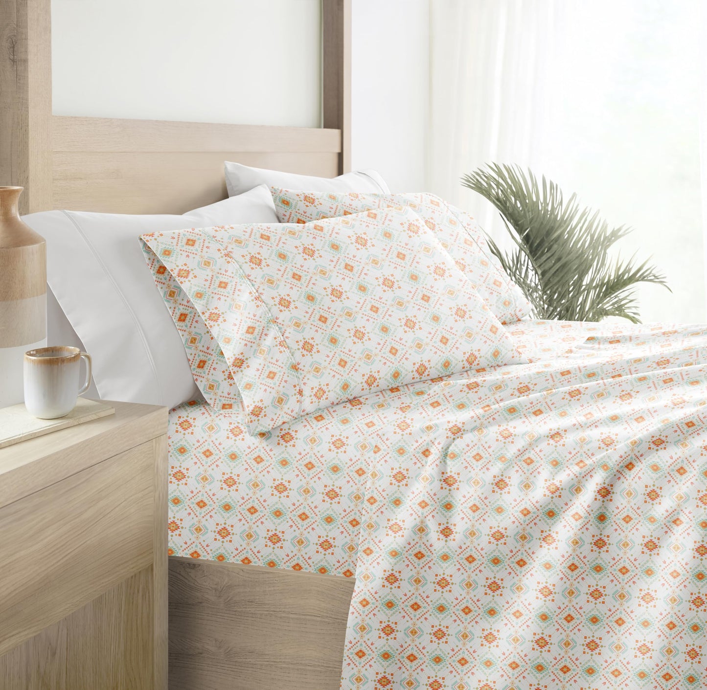Linen Market Double-Brushed Patterned Microfiber Queen Sheet Set 4 Piece – Oeko-TEX Certified Ultra Soft & Wrinkle-Free - 16" Deep Pocket Sheets - Easy Care Queen Size - Aztec Dreams Coral