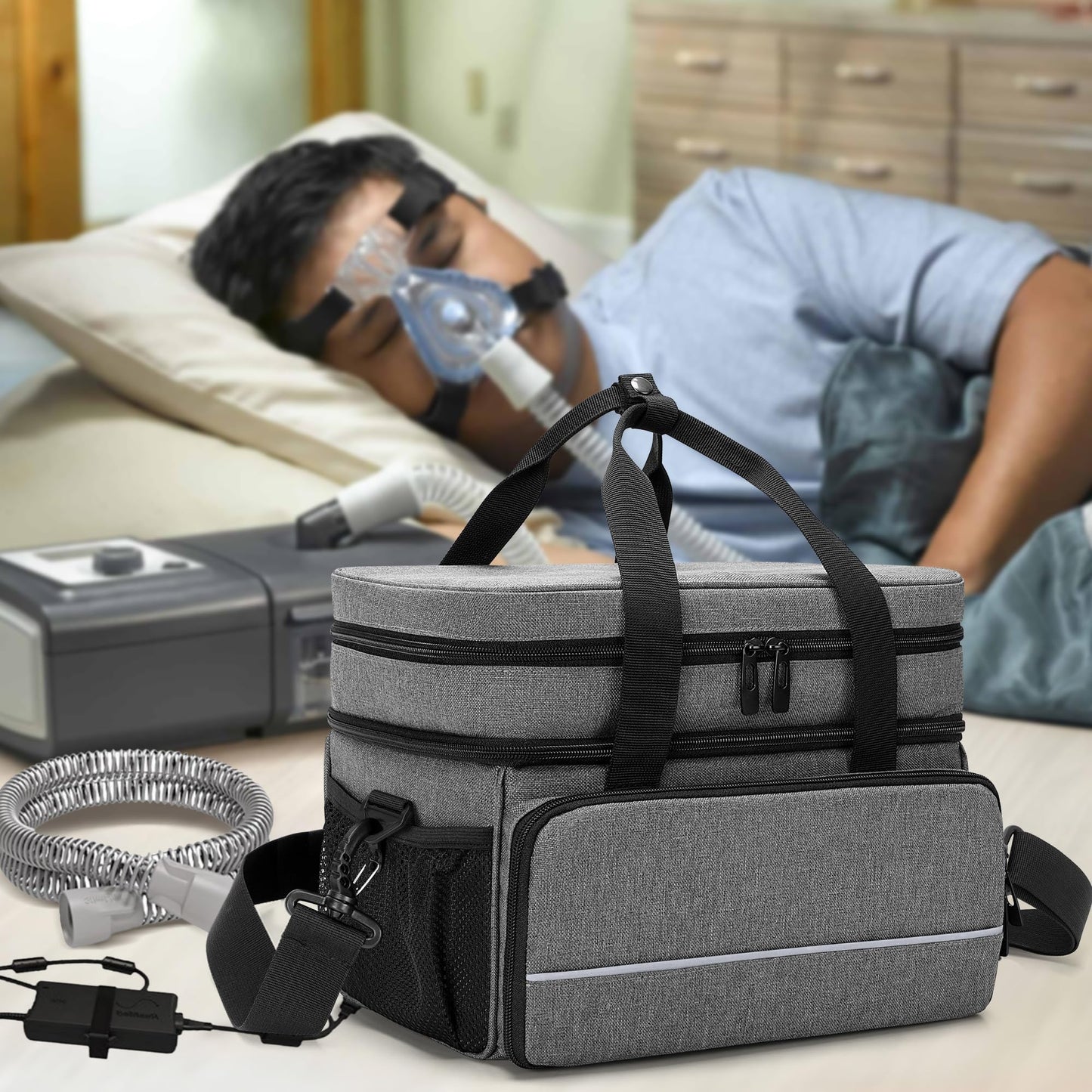CURMIO CPAP Travel Bag Storage Case Compatible with ResMed AirSense 11, AirSense 10, AirSense 10 elite, AirStart 10, Philips Dreamstation, 3B Medical Luna G3, and XT Fit, Gray (Patented Design)