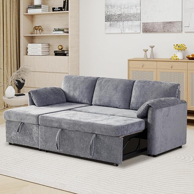 Tbfit Sleeper Sofa Couch with Pullout Bed, Sofa Bed Couch with USB & Storage Chaise, Chenille Convertible Sleeper Sofa, 83'' Pull Out Sofas Couches for Small Space, Apartment, Light Gray