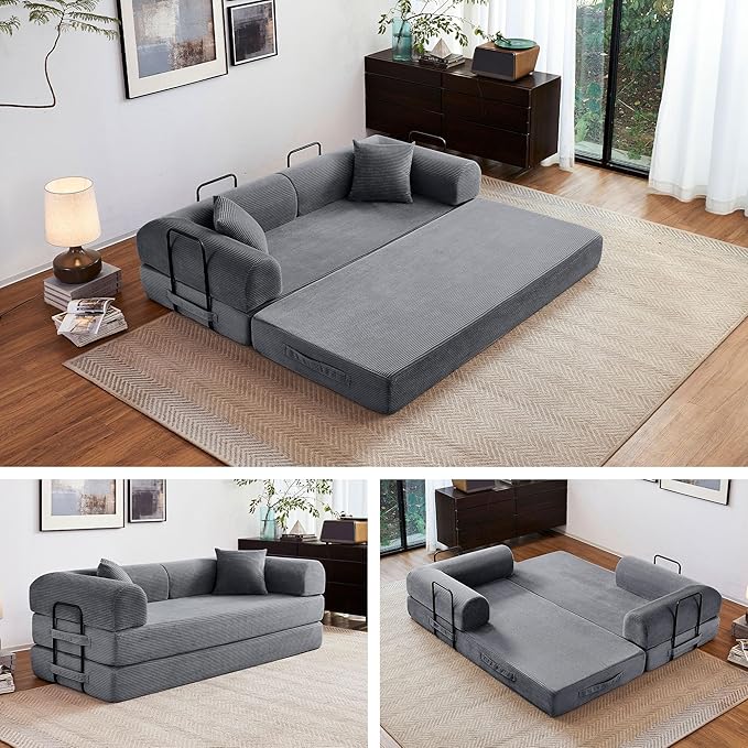 79" 5-in-1 Folding Convertible Sofa Bed, Oversized Corduroy Futon Floor Couch with Pull-Out Sleeper, Modular Boneless Loveseat for Small Spaces, Living Room, Bedroom (Dark Gray)