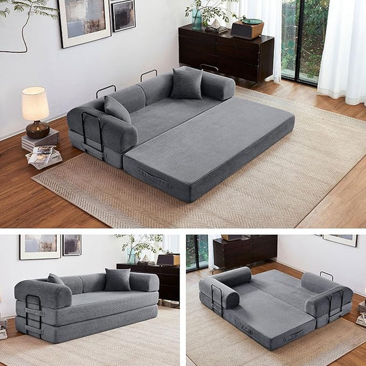 79" 5-in-1 Folding Convertible Sofa Bed, Oversized Corduroy Futon Floor Couch with Pull-Out Sleeper, Modular Boneless Loveseat for Small Spaces, Living Room, Bedroom (Dark Gray)