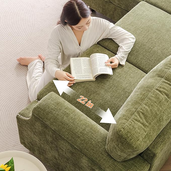 Rukefo 85" Sectional Sofa Couch with Storage Ottoman,L Shaped Couch with Armrest Organizer,3-Seater Sofa,Sofa and Chair Set,Couches for Living Room,Bedroom,Apartment,Chenille,Green