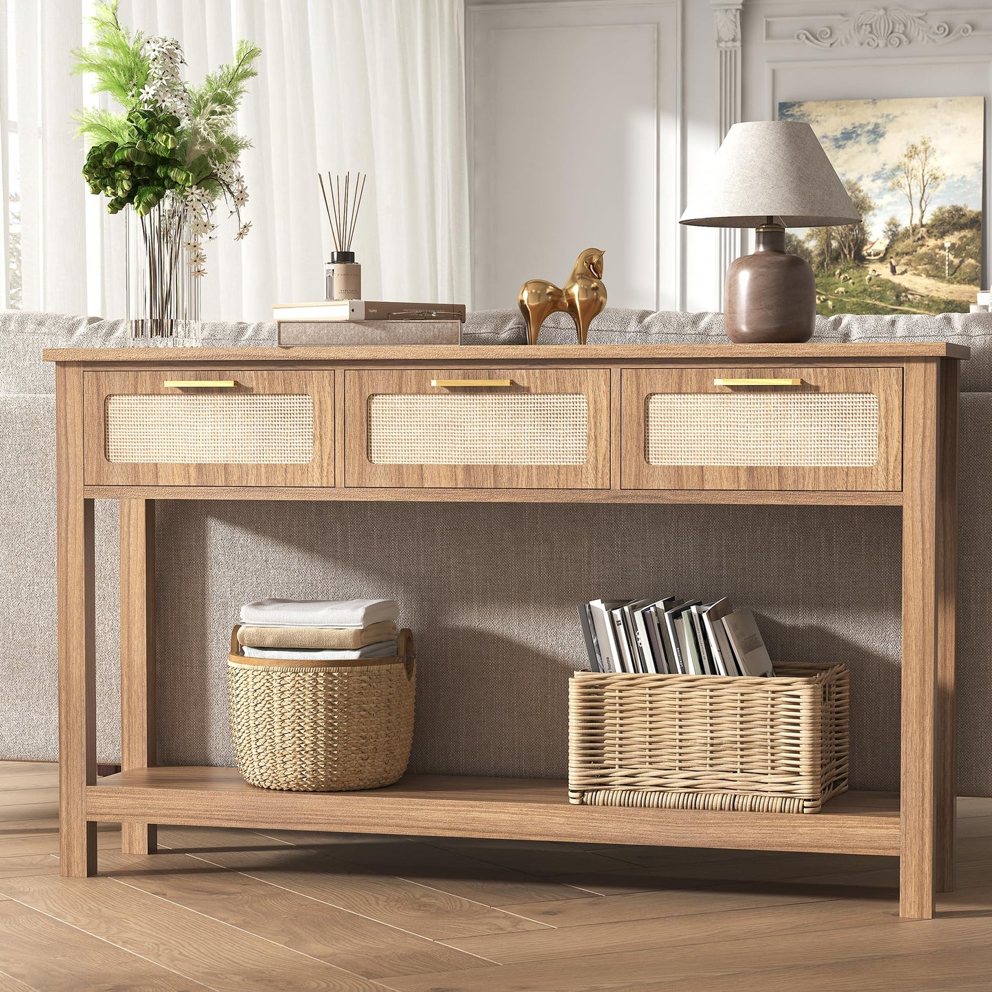 ELYKEN 51.2" Entryway Table with 3 Rattan Drawers, Boho Console Table Narrow with Storage, Long Sofa Table for Behind Couch Entry Hallway, Entrance, Living Room, Oak Brown