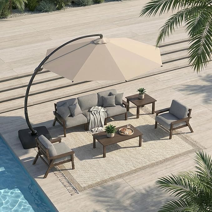Patio Kingdom 7 Piece Patio Conversation Sets, Outdoor Couch with Washable Thick Gray Cushions, HDPE Patio Furniture Set with 12FT Umbrella, Outdoor Sectional Furniture for Backyard (Brown Frame)