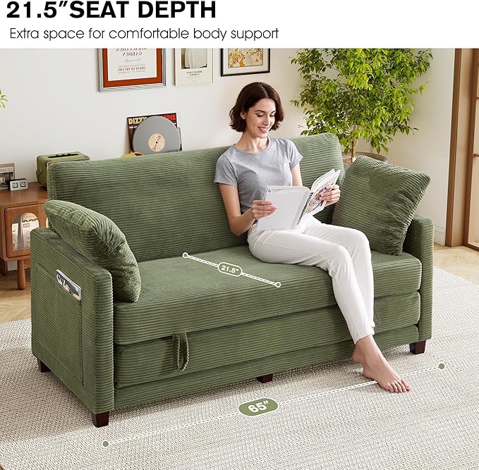 kakuboohi 65" Loveseat Sleeper Sofa Bed, Corduroy Convertible Sofa Bed for Small Spaces, Folding Couch Bed with Deep Seat, 2 Pillows & Solid Frame, Pull Out Floor Couches for Living Room, Green