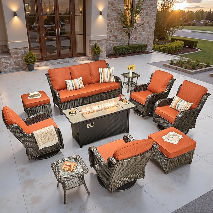 ovios 10 Pieces Patio Furniture Set, Outdoor Wicker Sofa Couch with Swivel Chairs 54" Fire Pit Table, High Back Modern All Weather Conversation Sets, Brown Rattan, Orange Red