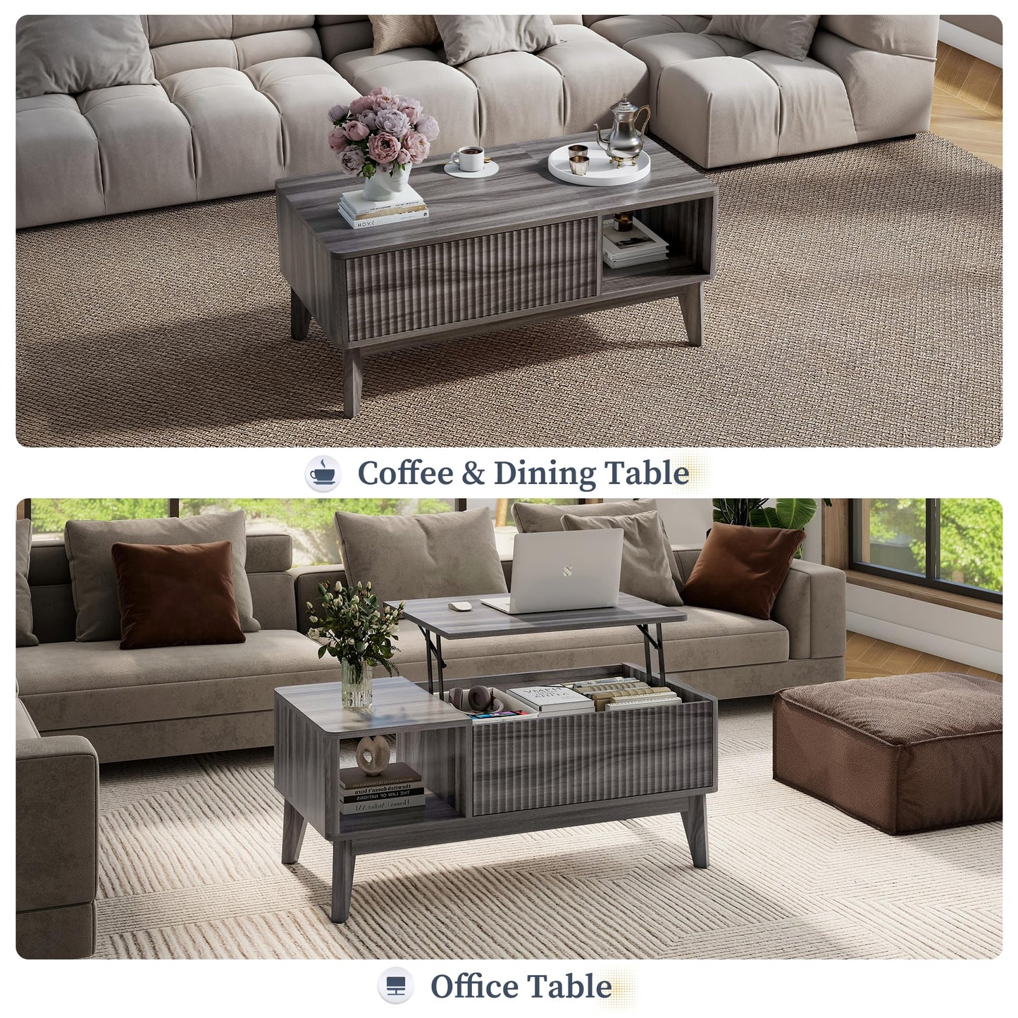 LYNCOHOME Fluted Lift Top Coffee Table with Storage,Modern Center Table for Living Room, Home Office（Grey）