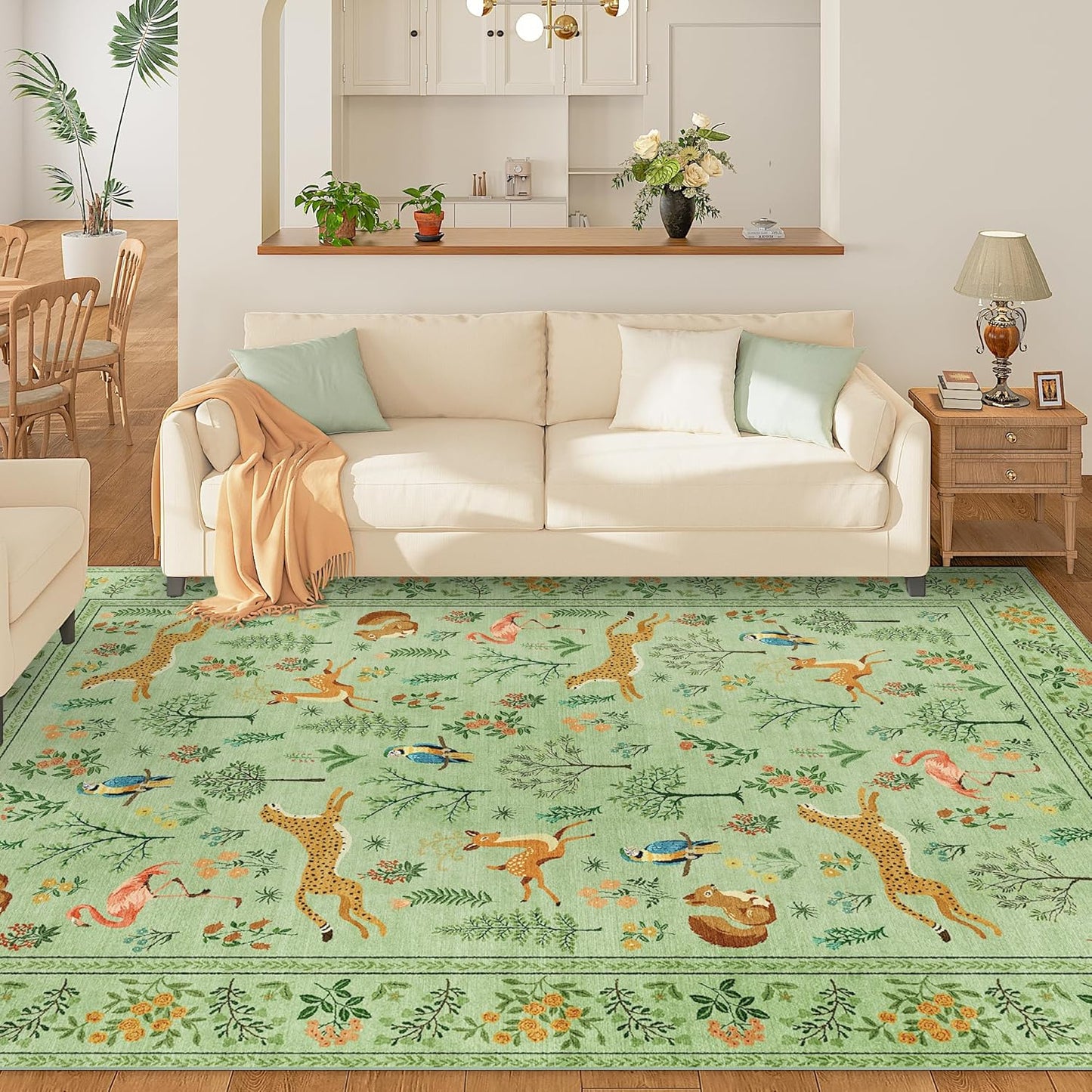 DUKINO 6x9 Rug, Washable Animal Living Room Rug with Non Slip Vintage Design, Soft Low Pile Large Carpet for Bedroom, Nursery, Dining Room, Farmhouse, Playroom, Light Green
