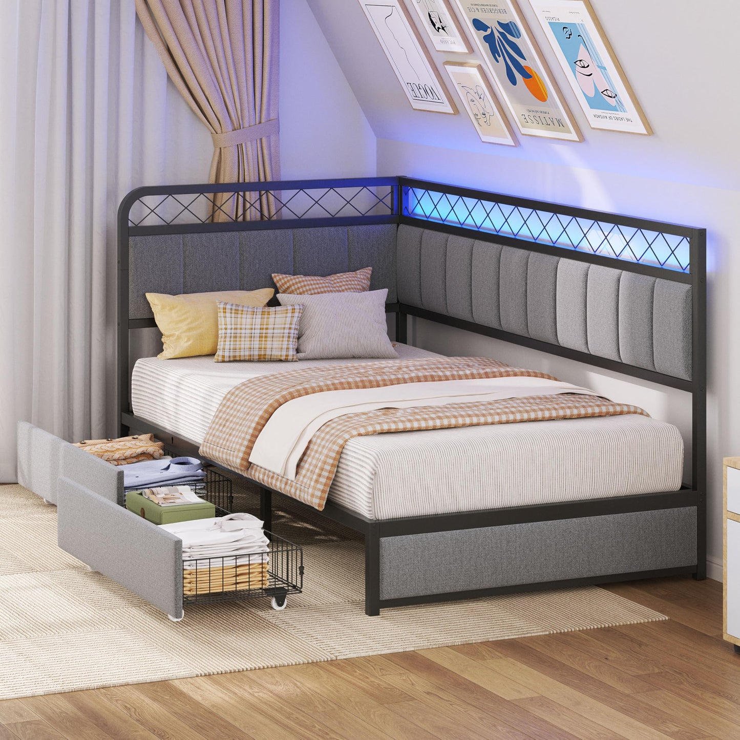 ANCTOR Twin Corner Bed Frame with 2 Storage Drawers, Daybed with LED Lights and Charging Station, Metal Platform Bed Frame for Living Room, Bedroom and Guest Room, Gray