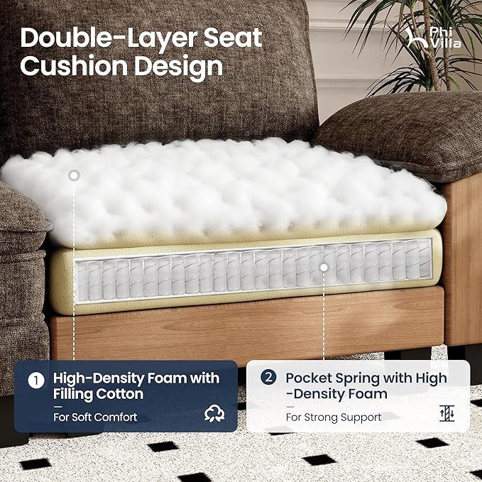 PHI VILLA Cloud Modular Couch Sets, 123.6" Sectional Sofa with L-Shaped Chaise, 4-Seater Upholstered Couches with Movable Ottoman for Living Room, Chenille Fabric, Taupe