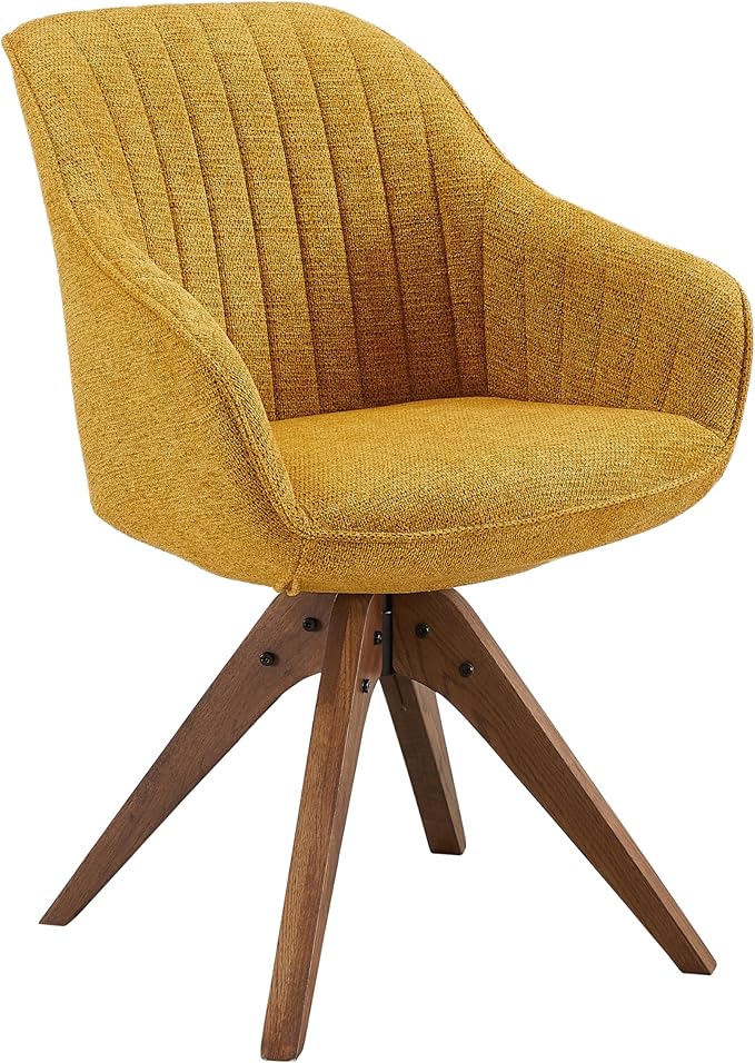 Art Leon Dining Room Chair - Mid Century Modern Fabric Upholstered Swivel Dining Chair with Wood Legs, Leisure Side Chair with Arms for Living Room, Yellow