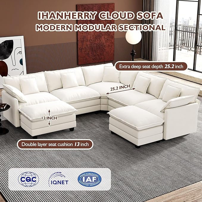 Ihanherry 114" V-Shaped Modern Sofa Modular Sectional Cloud Couch with 2 Ottoman, 7-Seat Chenille Deep Seat Sofa with Corner Section for Living Room, Bedroom and Apartment, Beige