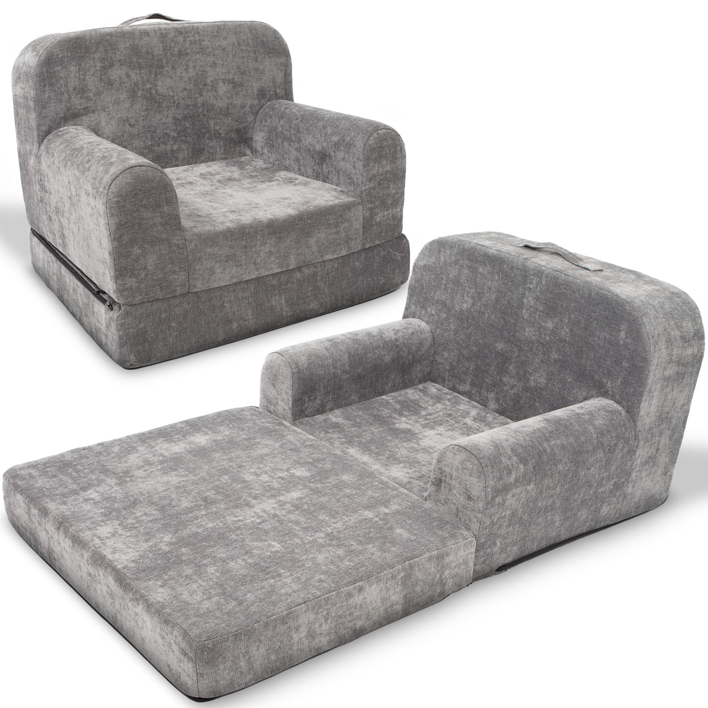 ParkaLounger Children's Sofa 2-in-1 Convertible Chair & Sleeper - Durable Foam Keeps Its Shape - Lightweight, Portable with Handle - Soft, Sturdy & Cozy Seat for Lounging & Play, Gray, Medium