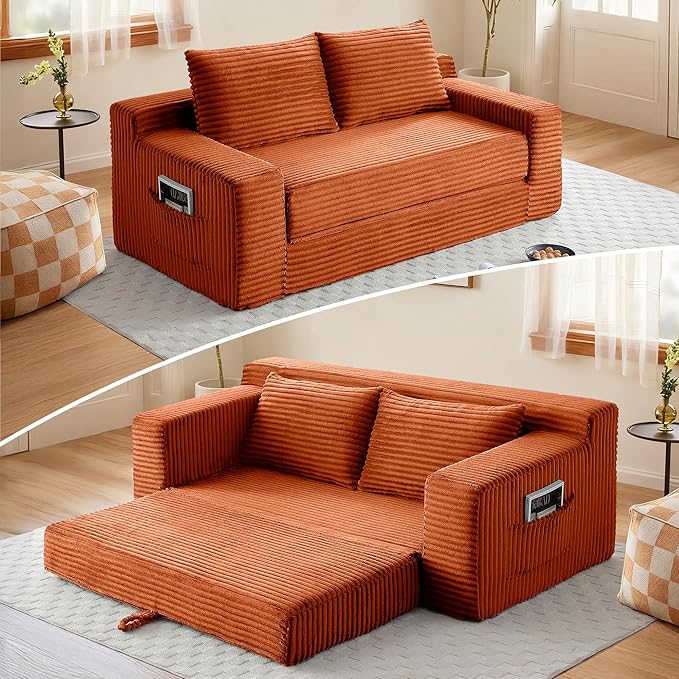 73" Convertible Sofa Bed, 2 in 1 Folding Couch Bed, Boneless Couch in a Box, Cloud Loveseat Sleeper, Fold Out Comfy Floor Futon Sofa with 2 Pillows for Living Room Bedroom, No Assembly (Orange, 73")
