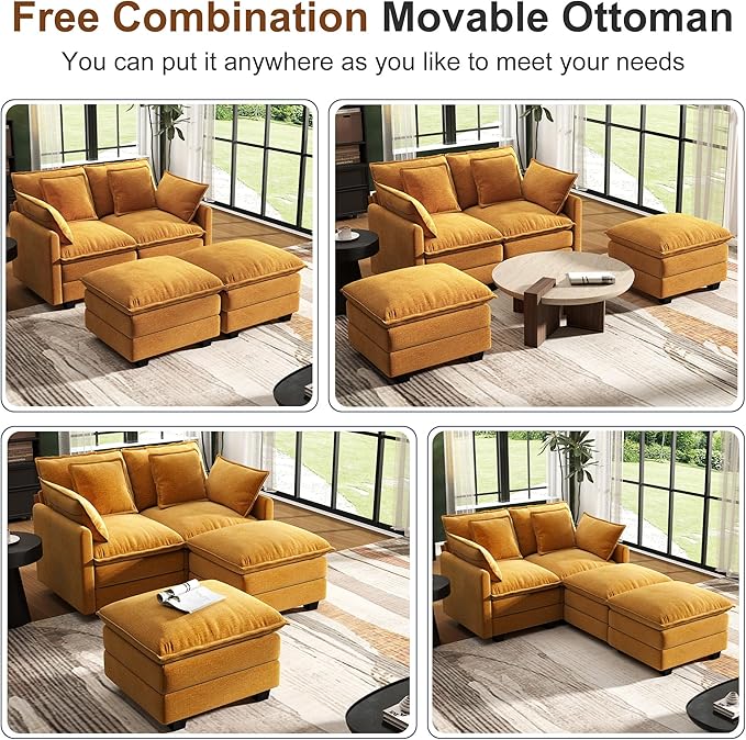 58" Cloud Couch Loveseat, Deep Seat Modular Sectional Sofa with 4 Removable Washable Pillows and 2 Ottoman for Living Room, Bedroom, Apartment, Orange