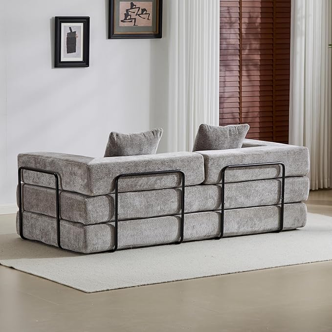 Convertible Couch Sofa Bed Foldable Floor Sleeper | Modern Fold Out Couch | Removable Backrest & Armrests | No Assembly Compression Sofa Sleeper for Living Room, Bedroom | Light Gray Chenille