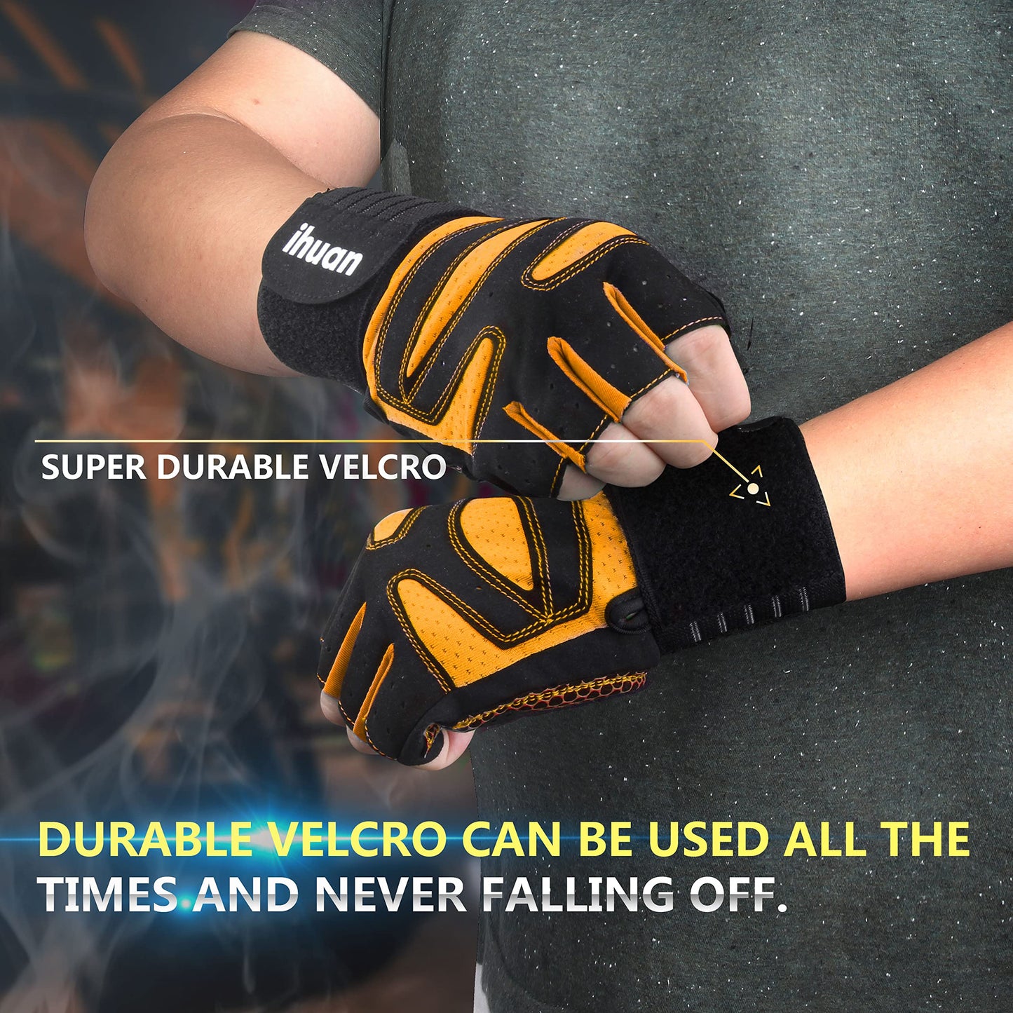 ihuan Ventilated Weight Lifting Gym Workout Gloves with Wrist Wrap Support for Men & Women, Full Palm Protection, for Weightlifting, Training, Fitness, Hanging, Pull ups (Orange, M)