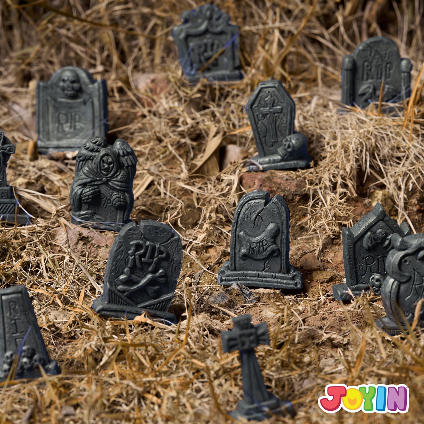 JOYIN 12 Pcs Halloween Miniature Tombstones Graveyard Decorations Outdoor, RIP Headstone with Skull Cross Design for Halloween Cemetery Yard Lawn Outdoor Indoor Decorations (Stone Gray)