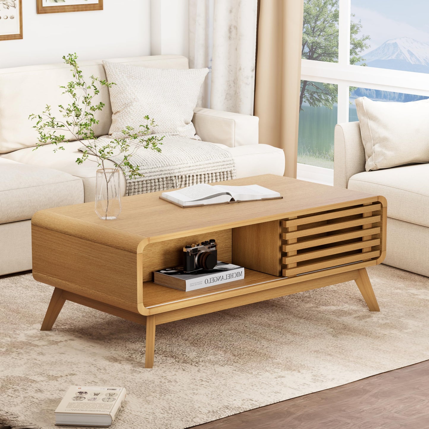 Royal Windsor Coffee Table,Mid Century Modern Table with Storage,Sliding Fence Door,Farmhouse Wooden Coffee Table for Living Room,Oak