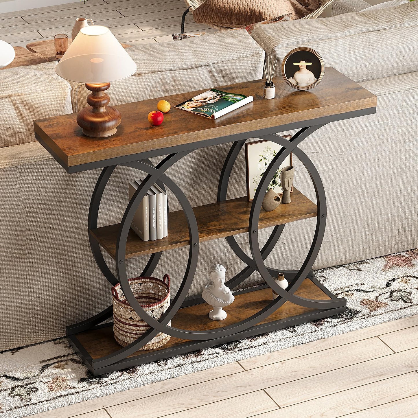GiftGo Narrow Console Table for Entryway Industrial 3-Tier Sofa Table Behind Couch with Circle Base Wooden Accent Wall Tables with Storage Shelves for Living Room, Hallway, Foyer (Rustic Brown)